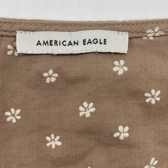 American Eagle Womens Large Crop Top Brown White Floral Boho Smocked Tie Front - Picture 3 of 8